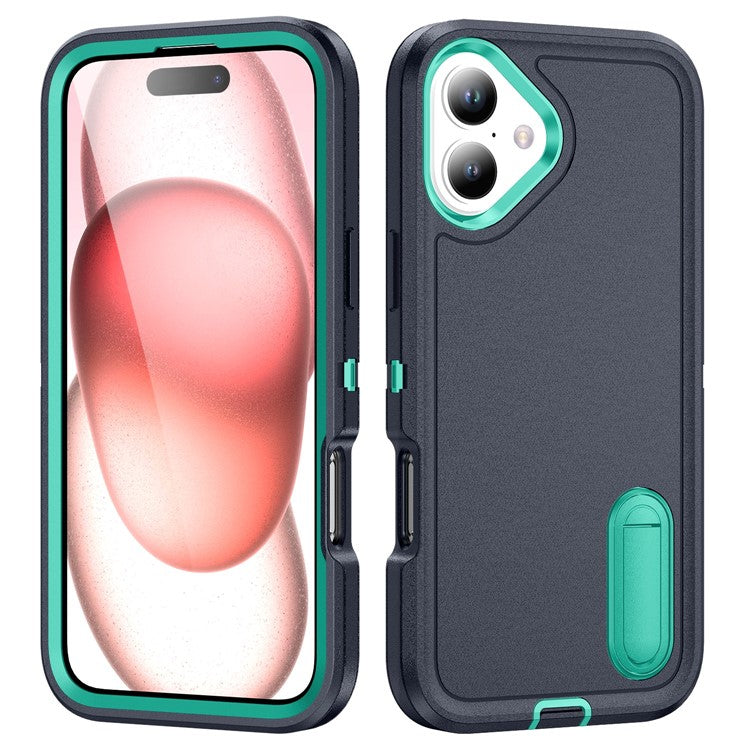 For iPhone 16 Case PC+Silicone+EVA Kickstand Drop-proof Phone Cover - Dark Blue+Light Cyan