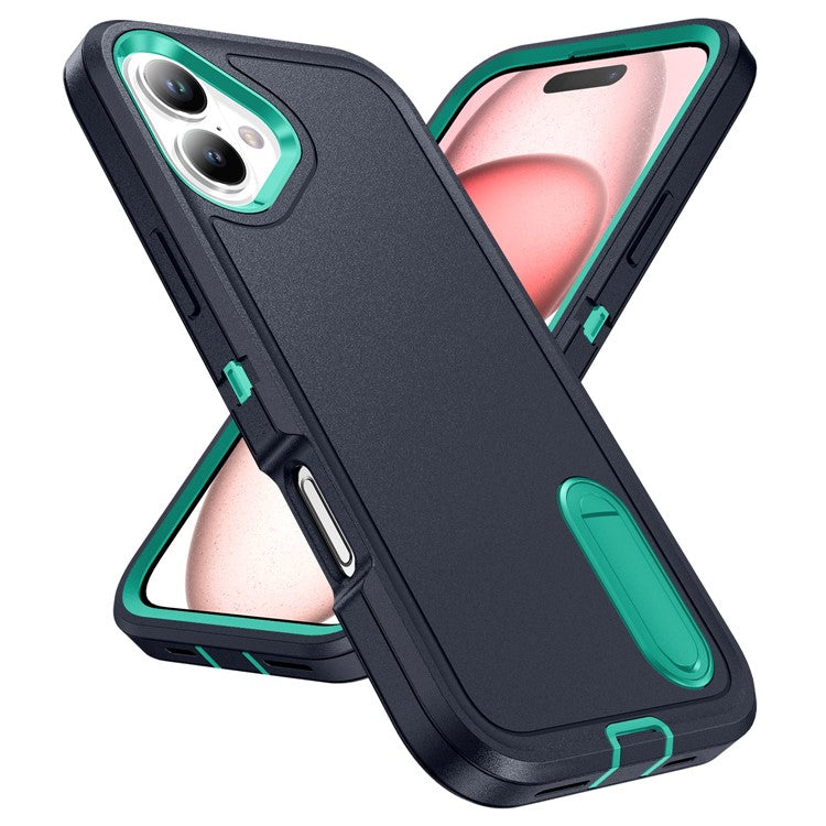 For iPhone 16 Case PC+Silicone+EVA Kickstand Drop-proof Phone Cover - Dark Blue+Light Cyan
