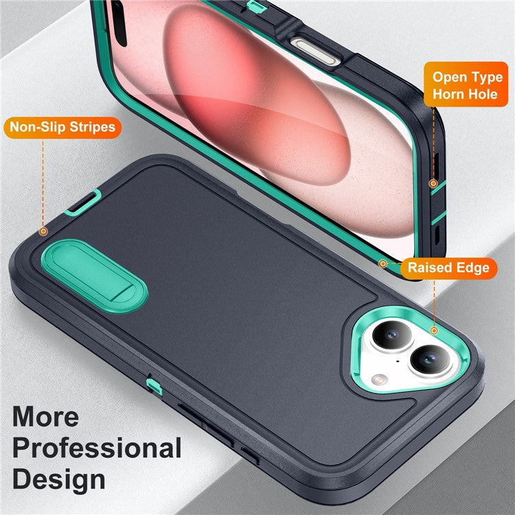 For iPhone 16 Case PC+Silicone+EVA Kickstand Drop-proof Phone Cover - Dark Blue+Light Cyan