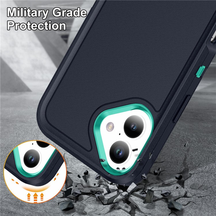 For iPhone 16 Case PC+Silicone+EVA Kickstand Drop-proof Phone Cover - Dark Blue+Light Cyan