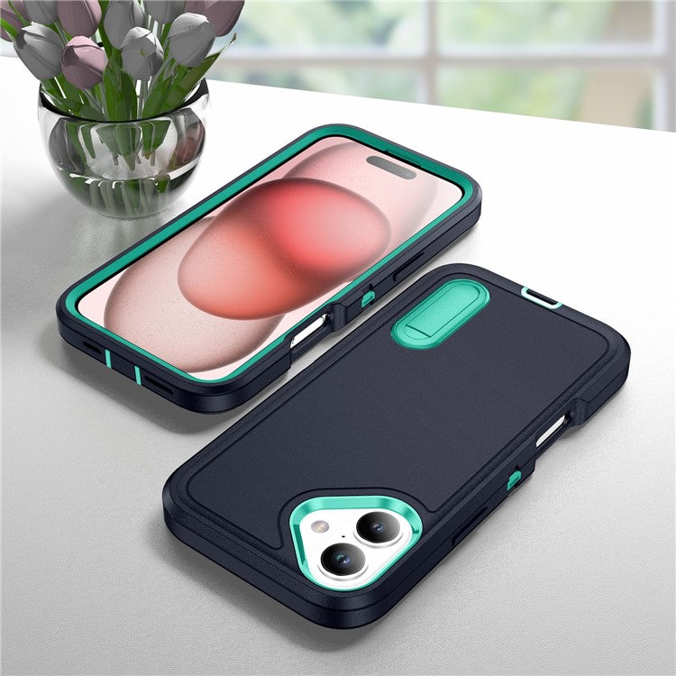 For iPhone 16 Case PC+Silicone+EVA Kickstand Drop-proof Phone Cover - Dark Blue+Light Cyan