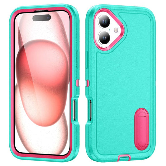 For iPhone 16 Plus Case Kickstand Phone Cover PC+Silicone+EVA 3-in-1 Design - Light Cyan+Rose