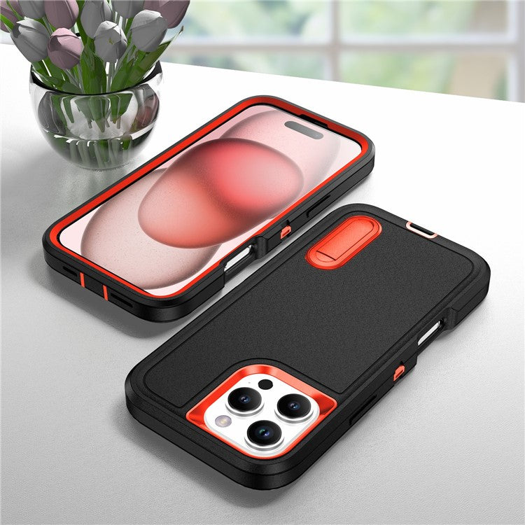 For iPhone 16 Pro Case PC+Silicone+EVA 3-in-1 Protective Phone Cover with Kickstand - Black+Orange