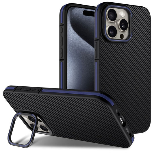 For iPhone 16 Pro Case Carbon Fiber Texture Soft TPU Cover with PC Lens Frame Kickstand - Blue