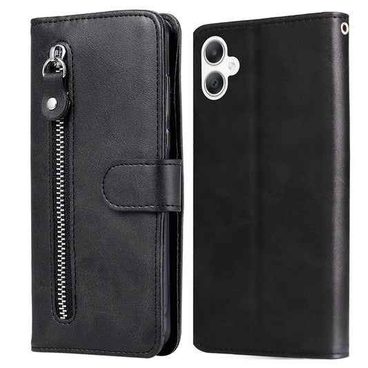 For Samsung Galaxy A06 Case Zipper Wallet Calf Texture PU Leather Phone Cover - Black