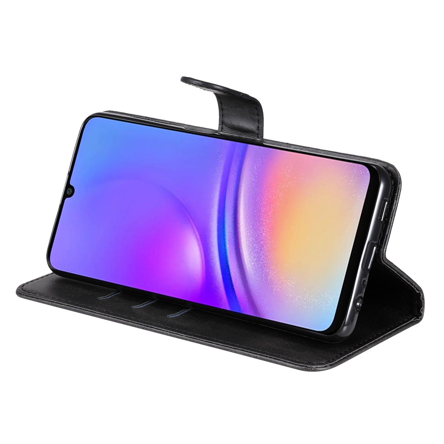 For Samsung Galaxy A06 Case Zipper Wallet Calf Texture PU Leather Phone Cover - Black