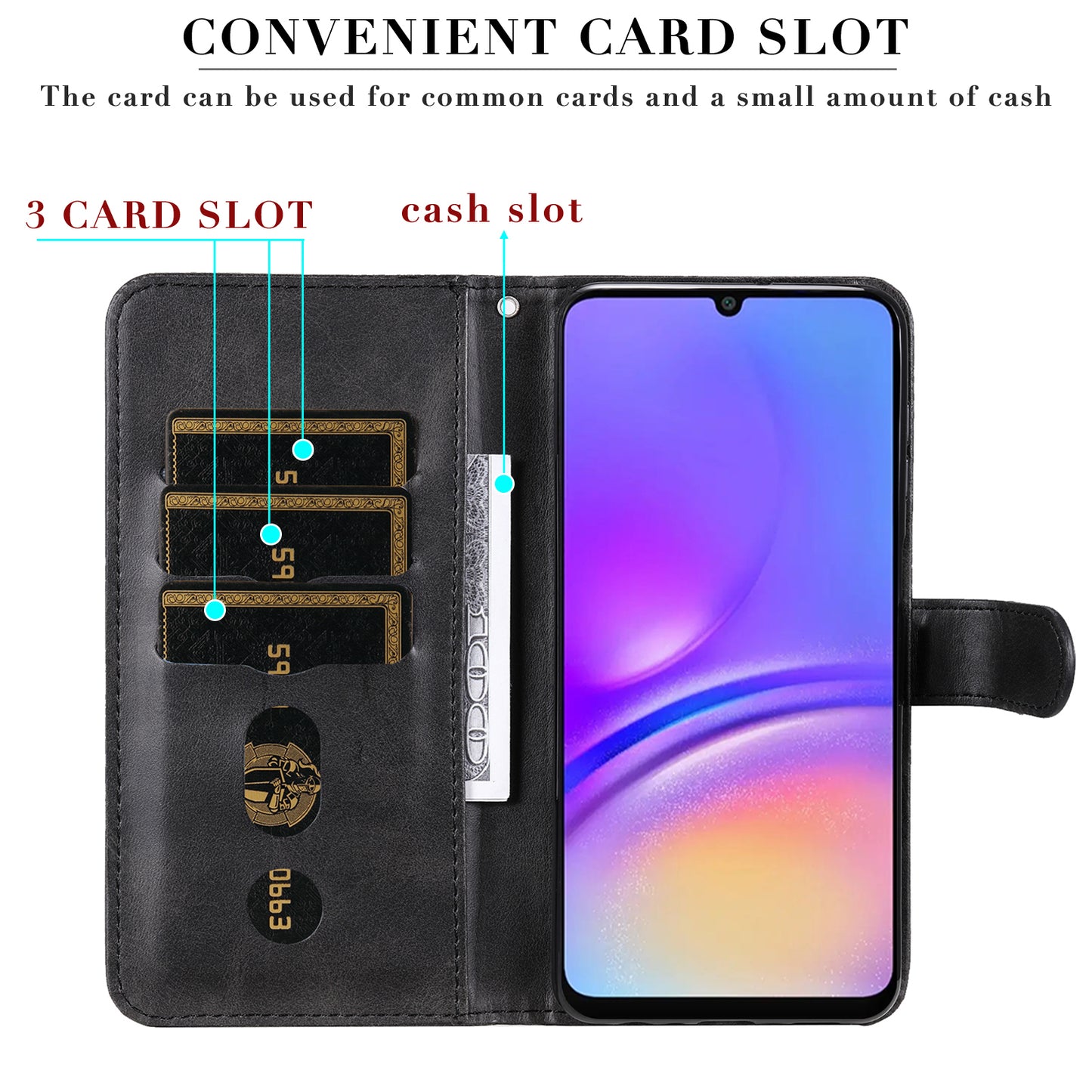 For Samsung Galaxy A06 Case Zipper Wallet Calf Texture PU Leather Phone Cover - Black