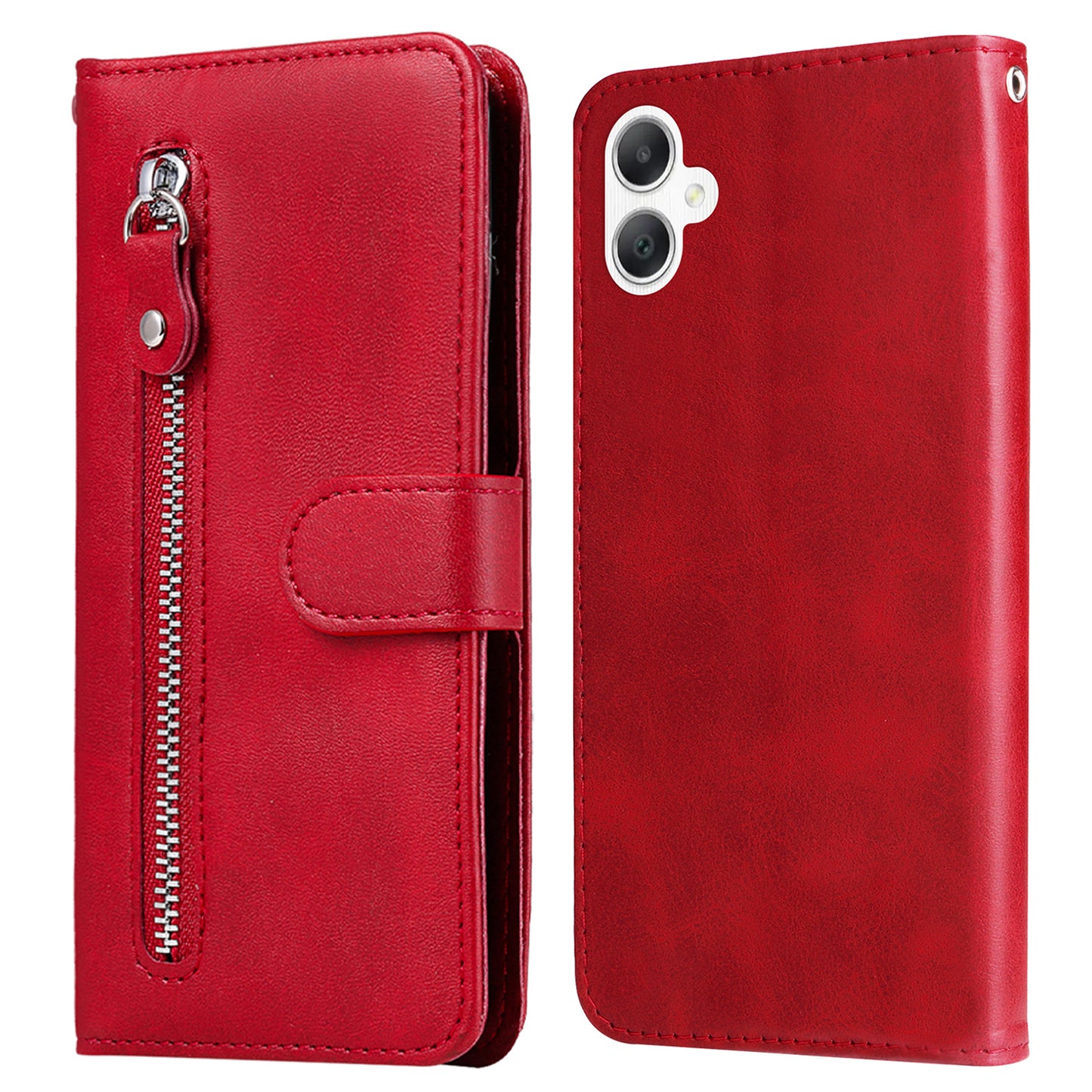 For Samsung Galaxy A06 Case Zipper Wallet Calf Texture PU Leather Phone Cover - Red