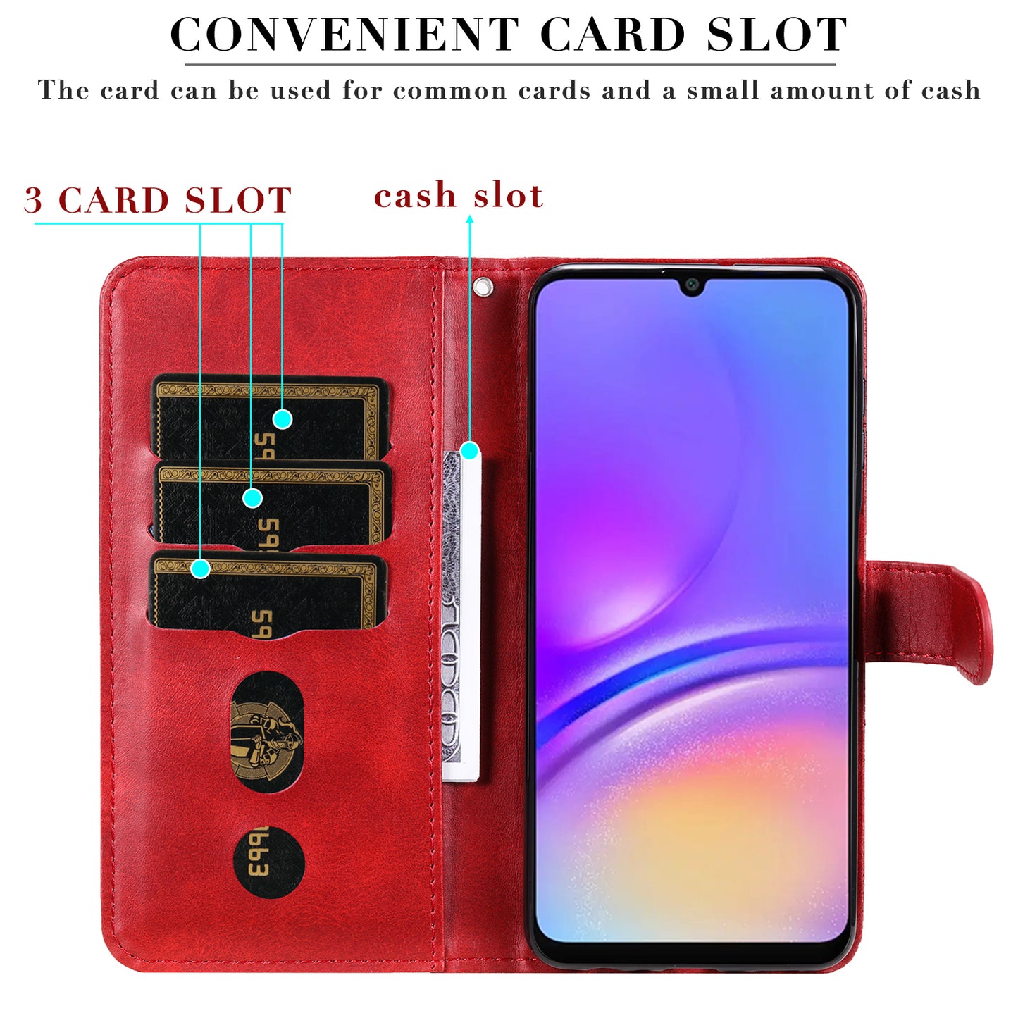 For Samsung Galaxy A06 Case Zipper Wallet Calf Texture PU Leather Phone Cover - Red