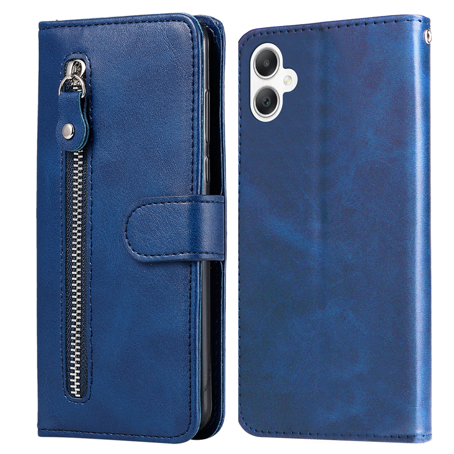 For Samsung Galaxy A06 Case Zipper Wallet Calf Texture PU Leather Phone Cover - Blue