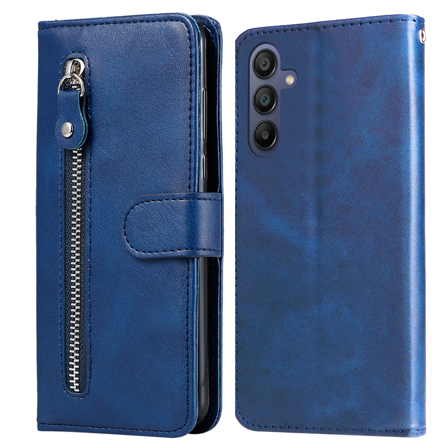 For Samsung Galaxy A16 5G / A16 4G Case Zipper Wallet Calf Texture PU Leather Phone Cover - Blue
