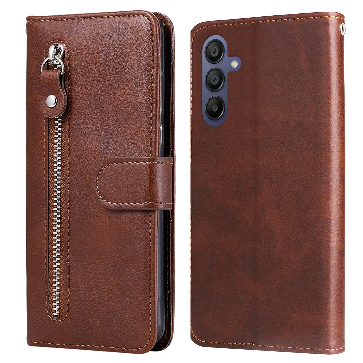 For Samsung Galaxy A16 5G / A16 4G Case Zipper Wallet Calf Texture PU Leather Phone Cover - Brown