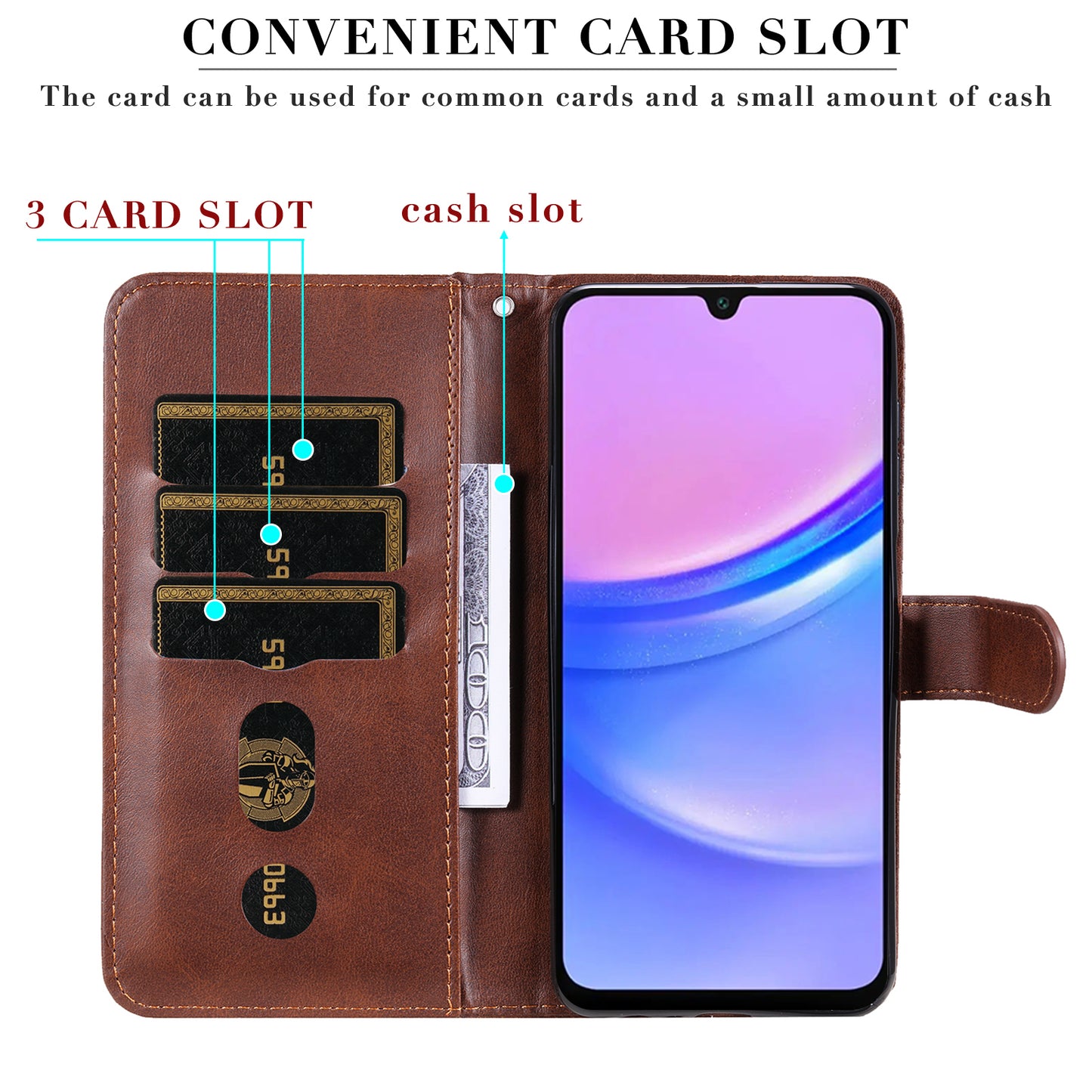 For Samsung Galaxy A16 5G / A16 4G Case Zipper Wallet Calf Texture PU Leather Phone Cover - Brown