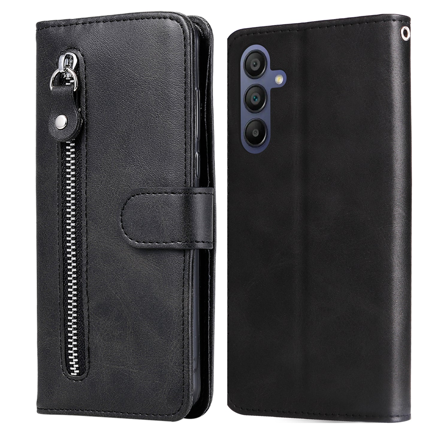 For Samsung Galaxy A16 5G / A16 4G Case Zipper Wallet Calf Texture PU Leather Phone Cover - Black