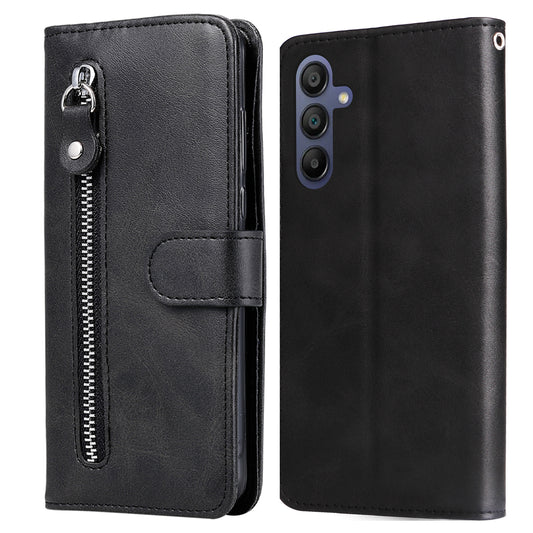 For Samsung Galaxy A16 5G / A16 4G Case Zipper Wallet Calf Texture PU Leather Phone Cover - Black