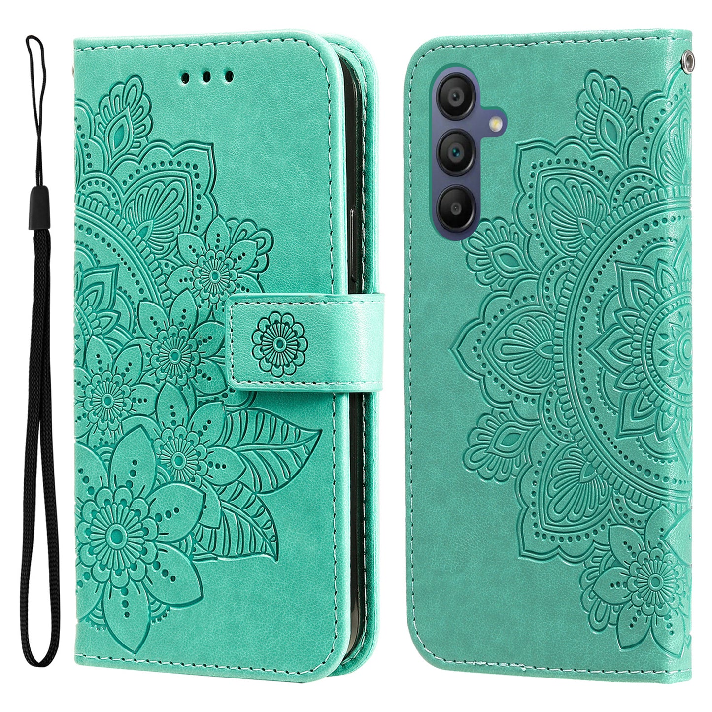 For Samsung Galaxy A16 5G / A16 4G Case PU Leather Wallet Floral Phone Cover Stand View - Green