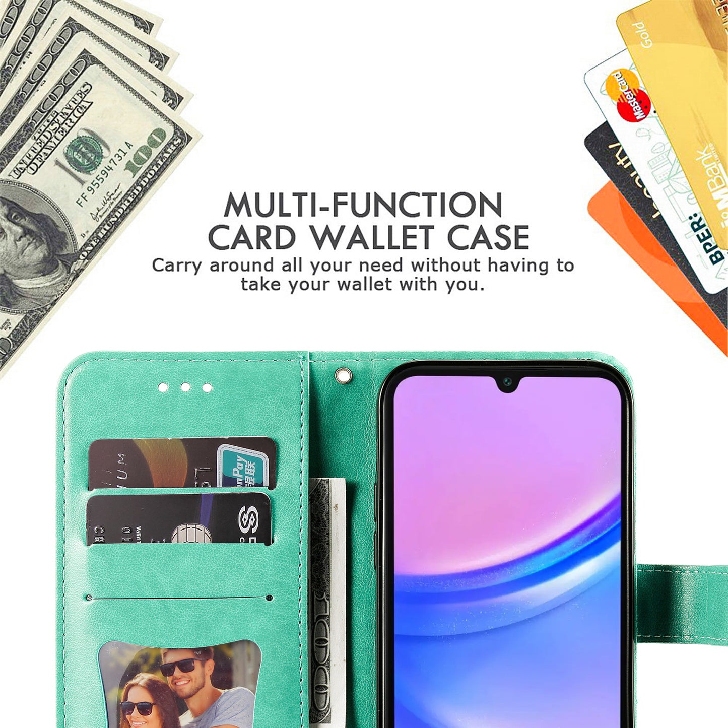 For Samsung Galaxy A16 5G / A16 4G Case PU Leather Wallet Floral Phone Cover Stand View - Green