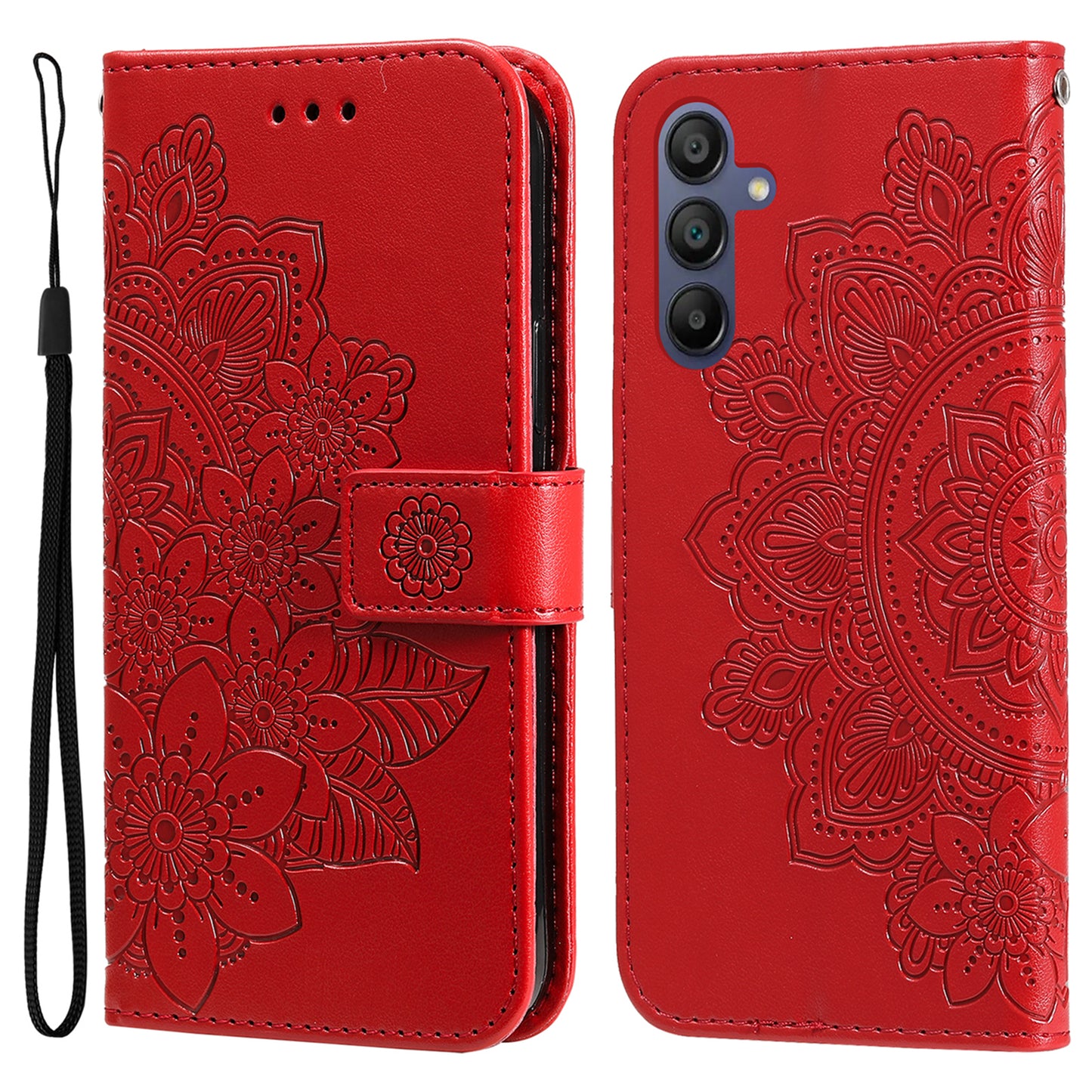 For Samsung Galaxy A16 5G / A16 4G Case PU Leather Wallet Floral Phone Cover Stand View - Red