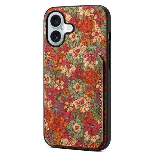 For iPhone 16 Plus Case with Card Holder Flowers Design Leather Phone Cover Kickstand - Summer  /  Red