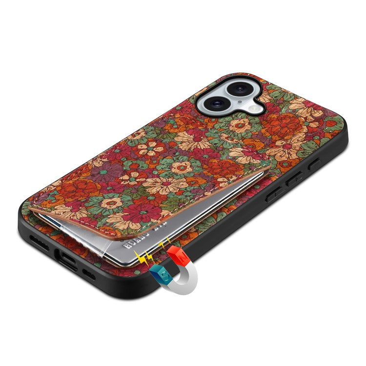 For iPhone 16 Plus Case with Card Holder Flowers Design Leather Phone Cover Kickstand - Summer  /  Red