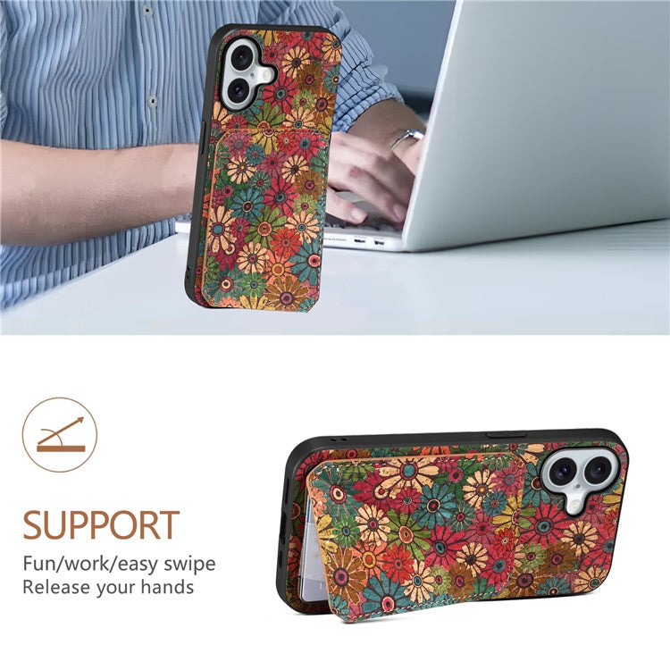 For iPhone 16 Plus Case with Card Holder Flowers Design Leather Phone Cover Kickstand - Summer  /  Red