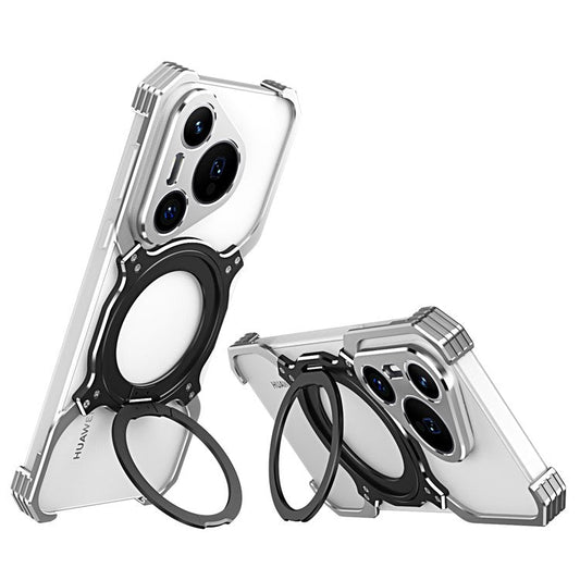 For Huawei Pura 70 Magnetic Case Kickstand Metal Bumper Phone Cover - Silver / Silver