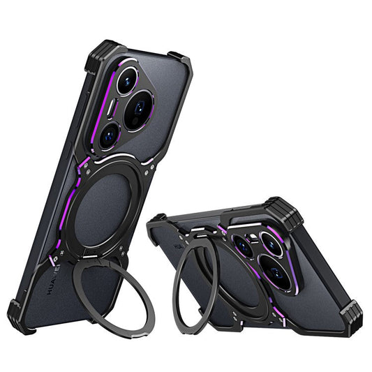 For Huawei Pura 70 Magnetic Case Kickstand Metal Bumper Phone Cover - Black / Purple