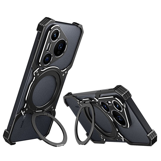 For Huawei Pura 70 Magnetic Case Kickstand Metal Bumper Phone Cover - Black / Silver
