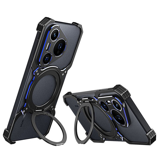 For Huawei Pura 70 Magnetic Case Kickstand Metal Bumper Phone Cover - Black / Blue