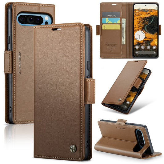 CASEME 023 Series For Google Pixel 9 Pro XL Case RFID Blocking Glossy Stand Phone Cover - Brown