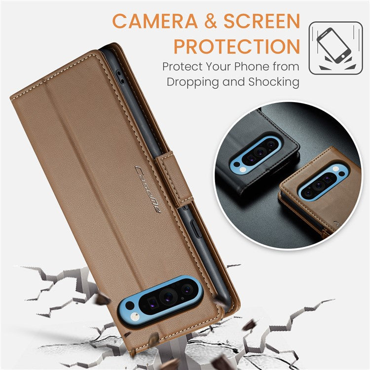 CASEME 023 Series For Google Pixel 9 Pro XL Case RFID Blocking Glossy Stand Phone Cover - Brown