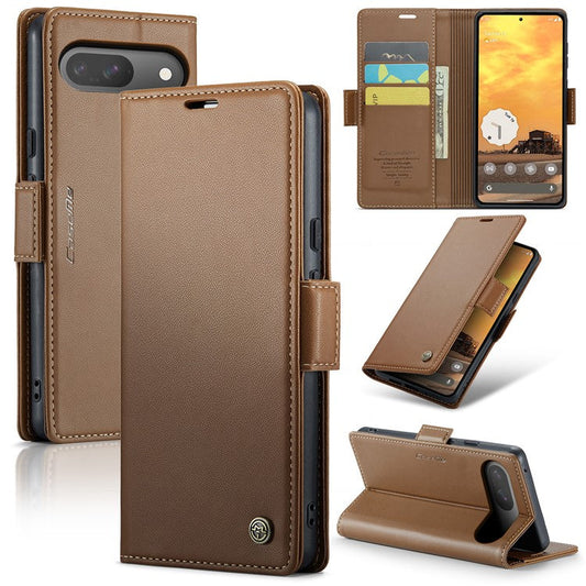 CASEME 023 Series For Google Pixel 9 Pro  /  Pixel 9 Case RFID Blocking Glossy Stand Phone Cover - Brown