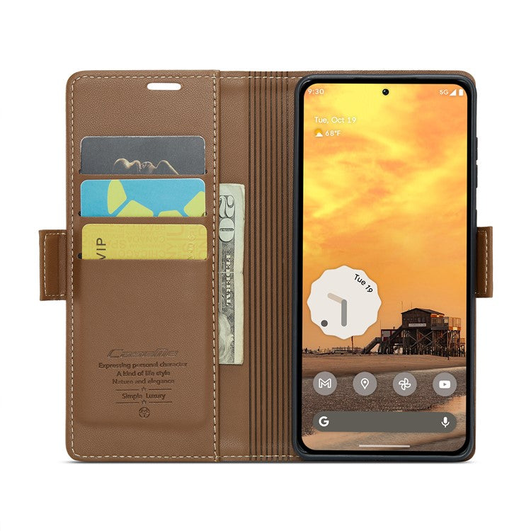 CASEME 023 Series For Google Pixel 9 Pro  /  Pixel 9 Case RFID Blocking Glossy Stand Phone Cover - Brown