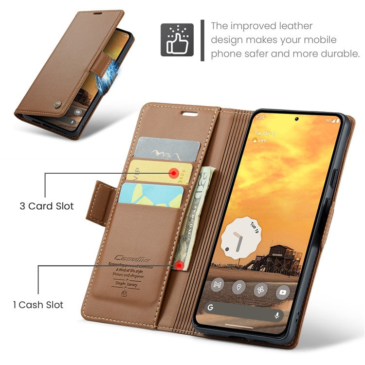CASEME 023 Series For Google Pixel 9 Pro  /  Pixel 9 Case RFID Blocking Glossy Stand Phone Cover - Brown