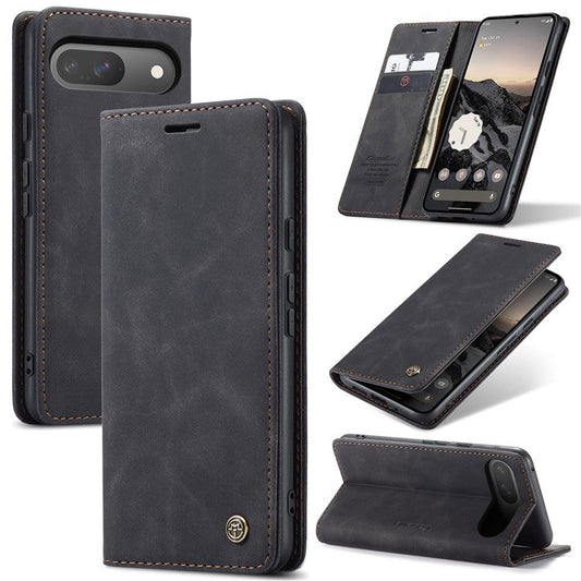 CASEME 013 Series For Google Pixel 9 Pro  /  Pixel 9 Case Card Holder Stand Leather Phone Cover - Black