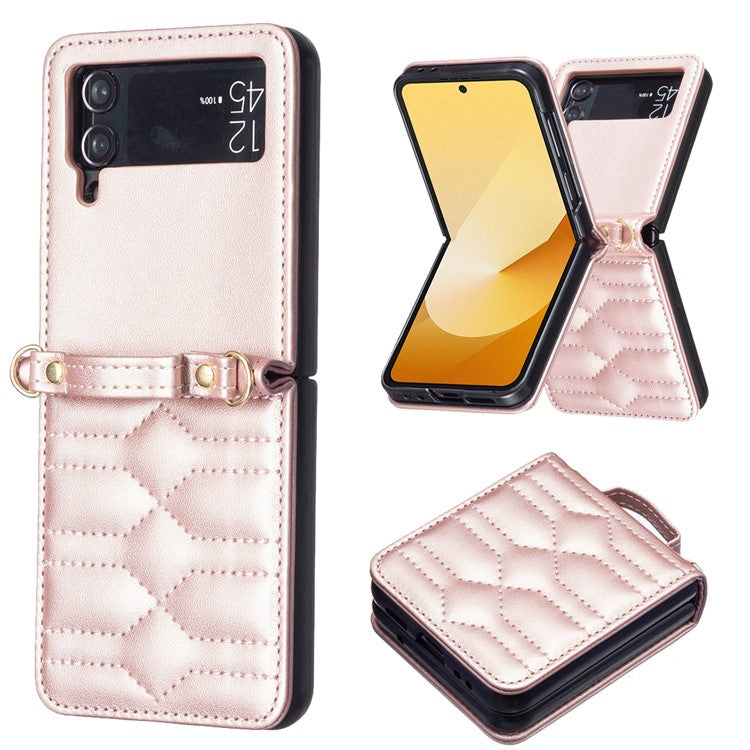 For Samsung Galaxy Z Flip4 5G Leather Case V-Shape Grip Back Cover with Shoulder Strap - Rose Gold
