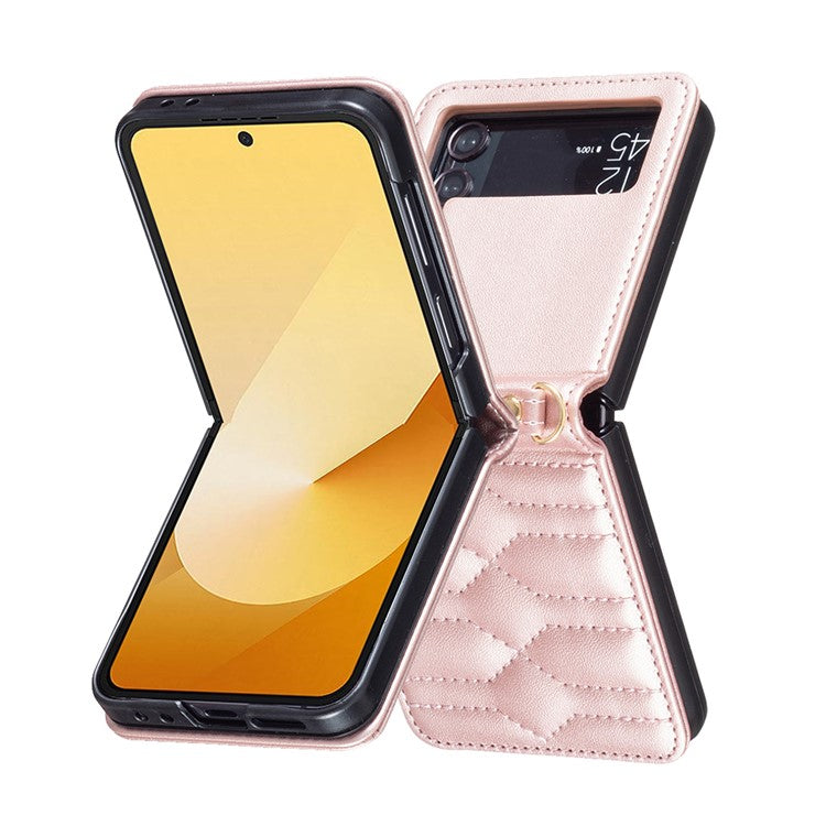 For Samsung Galaxy Z Flip4 5G Leather Case V-Shape Grip Back Cover with Shoulder Strap - Rose Gold