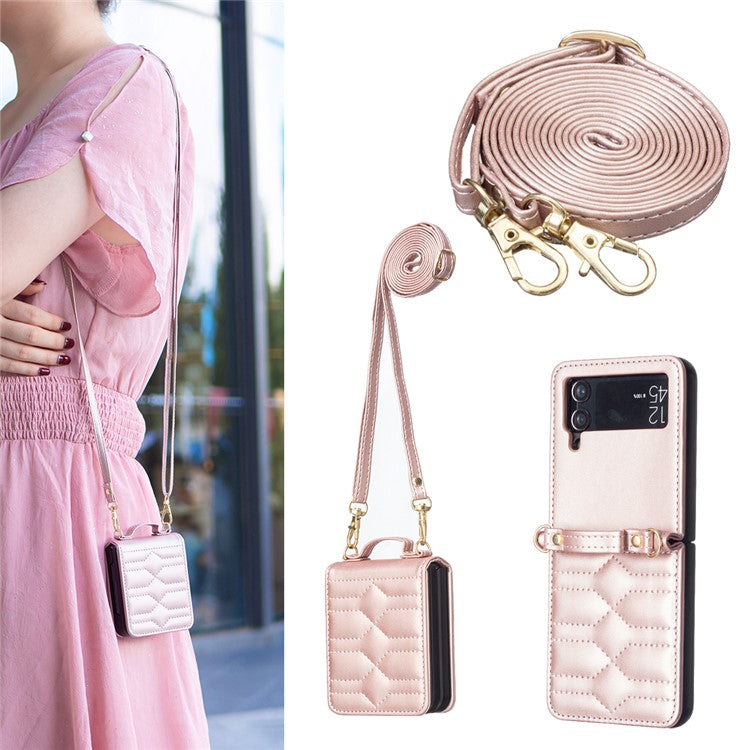 For Samsung Galaxy Z Flip4 5G Leather Case V-Shape Grip Back Cover with Shoulder Strap - Rose Gold