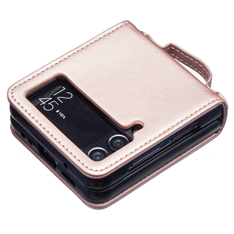 For Samsung Galaxy Z Flip4 5G Leather Case V-Shape Grip Back Cover with Shoulder Strap - Rose Gold