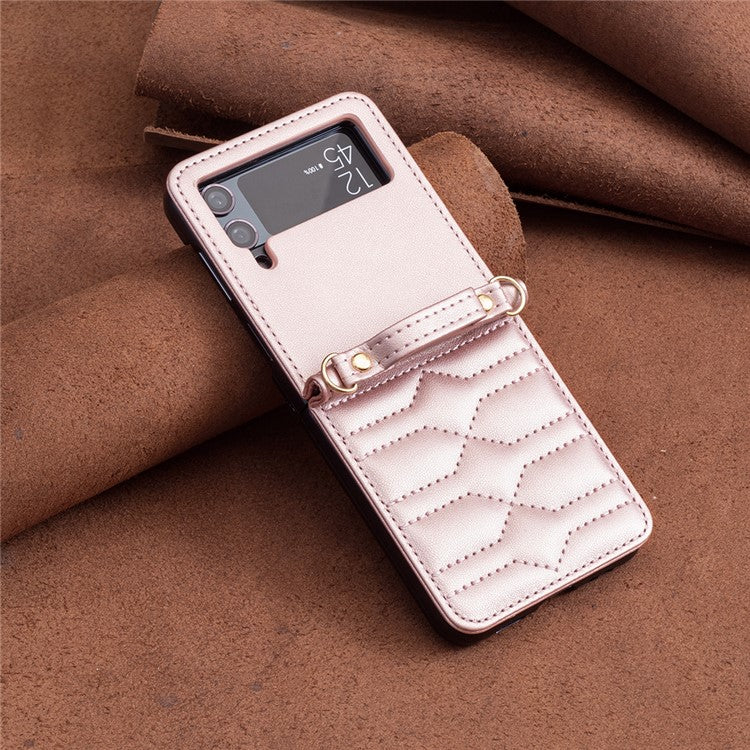 For Samsung Galaxy Z Flip4 5G Leather Case V-Shape Grip Back Cover with Shoulder Strap - Rose Gold