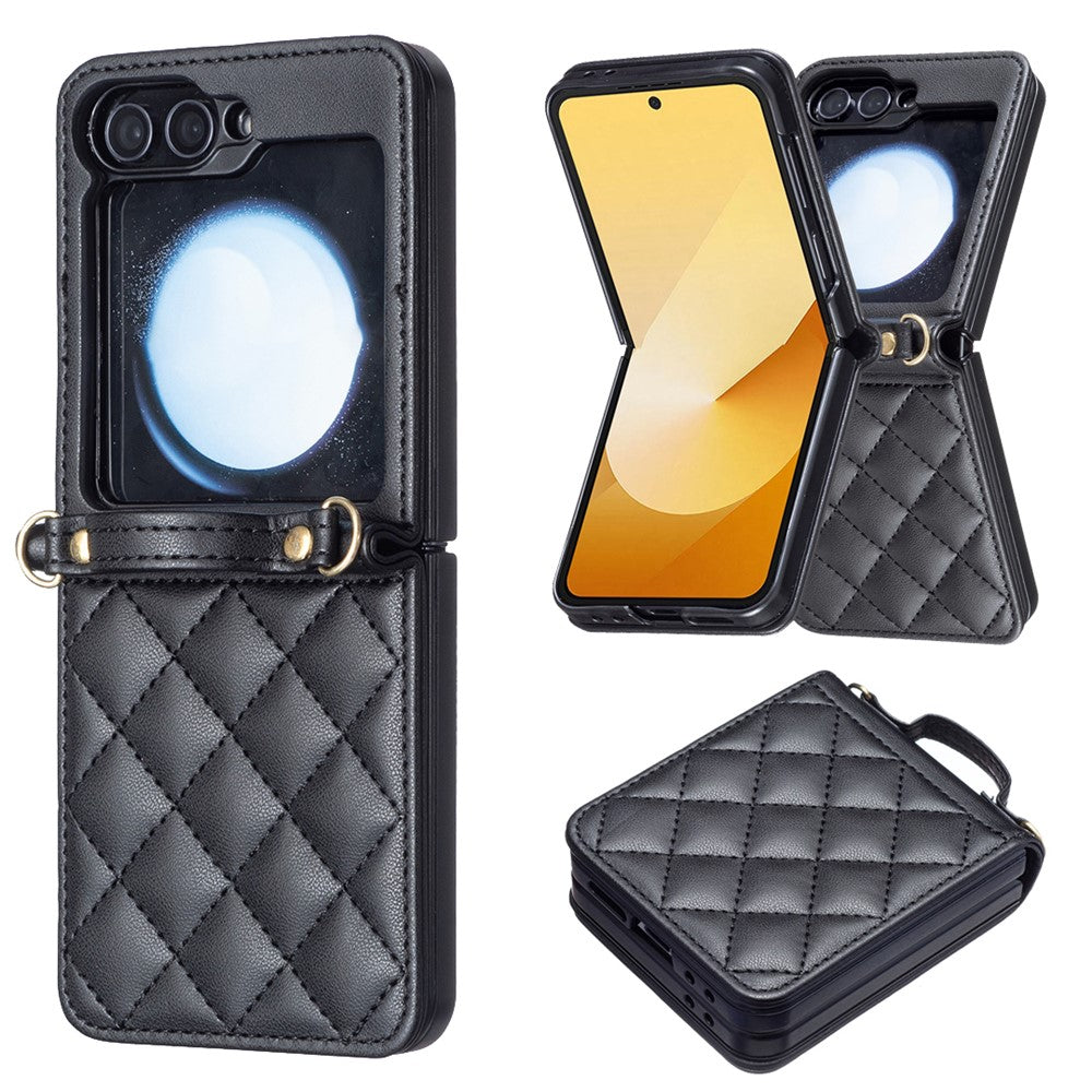For Samsung Galaxy Z Flip7 FE 5G / Z Flip6 5G / Z Flip5 5G Leather Back Case Rhombus Phone Cover with Shoulder Strap - Black
