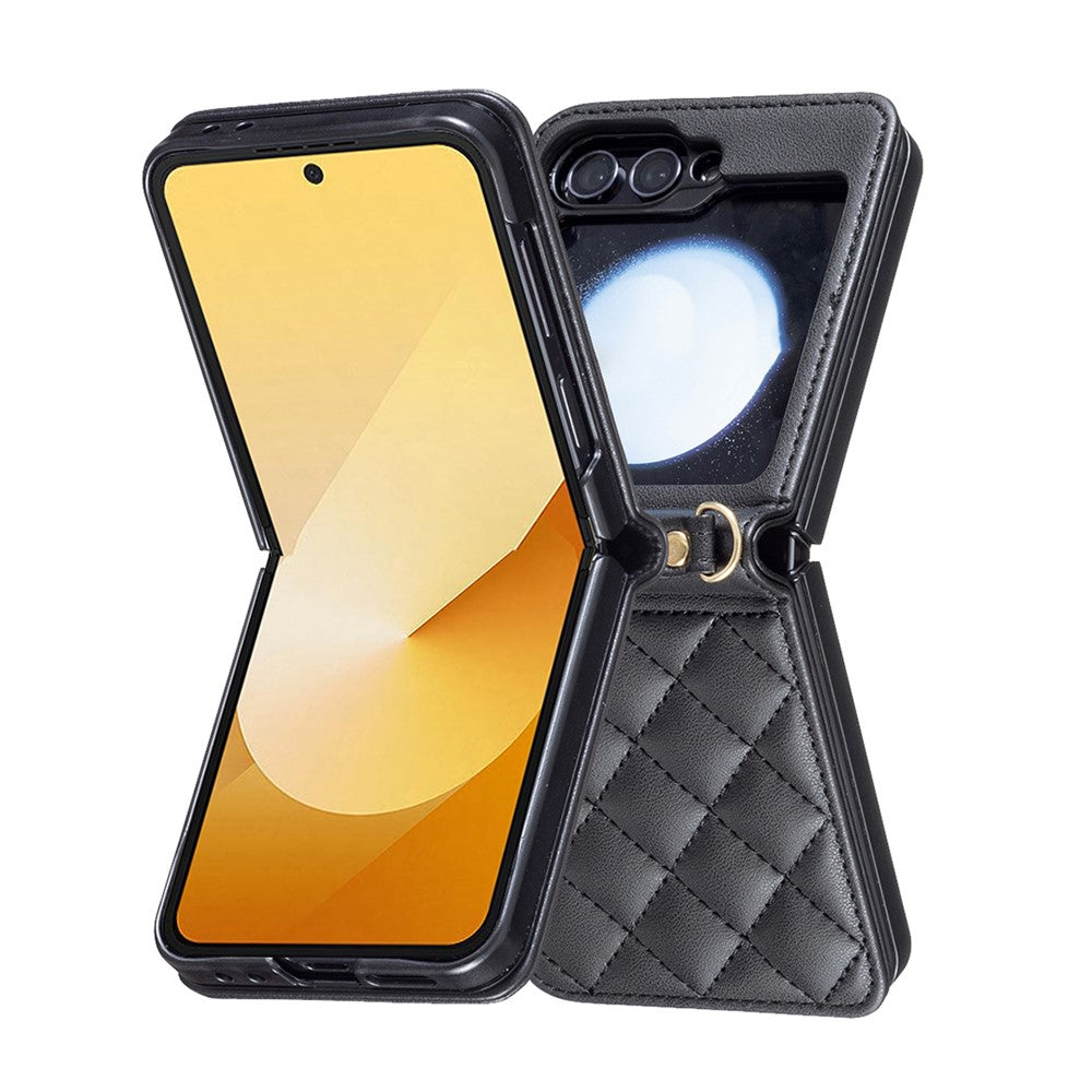 For Samsung Galaxy Z Flip7 FE 5G / Z Flip6 5G / Z Flip5 5G Leather Back Case Rhombus Phone Cover with Shoulder Strap - Black