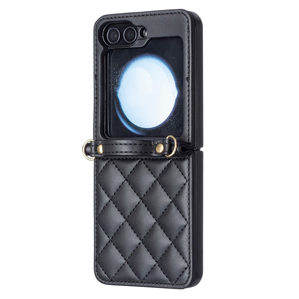 For Samsung Galaxy Z Flip7 FE 5G / Z Flip6 5G / Z Flip5 5G Leather Back Case Rhombus Phone Cover with Shoulder Strap - Black