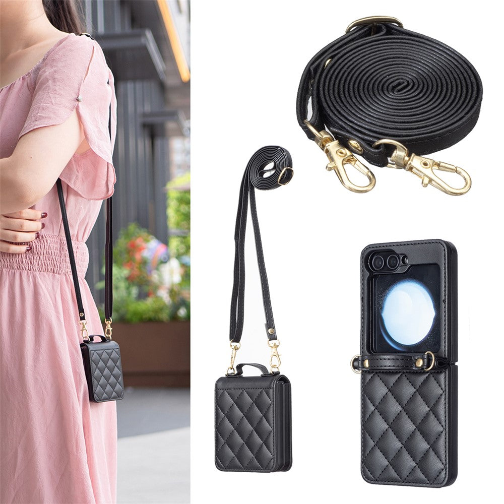For Samsung Galaxy Z Flip7 FE 5G / Z Flip6 5G / Z Flip5 5G Leather Back Case Rhombus Phone Cover with Shoulder Strap - Black