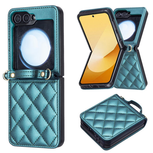 For Samsung Galaxy Z Flip7 FE 5G / Z Flip6 5G / Z Flip5 5G Leather Back Case Rhombus Phone Cover with Shoulder Strap - Green