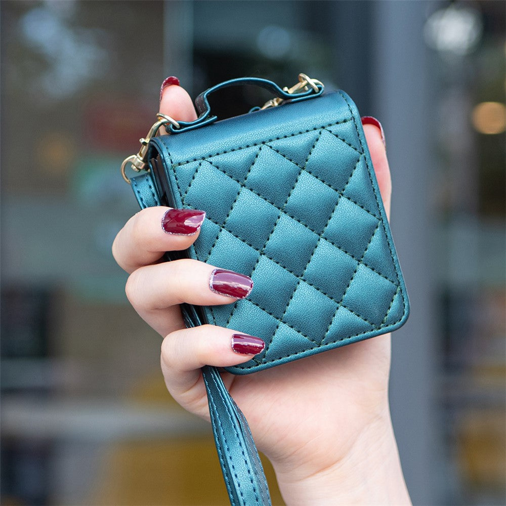 For Samsung Galaxy Z Flip7 FE 5G / Z Flip6 5G / Z Flip5 5G Leather Back Case Rhombus Phone Cover with Shoulder Strap - Green