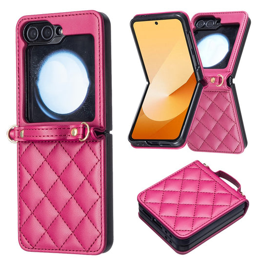 For Samsung Galaxy Z Flip7 FE 5G / Z Flip6 5G / Z Flip5 5G Leather Back Case Rhombus Phone Cover with Shoulder Strap - Rose