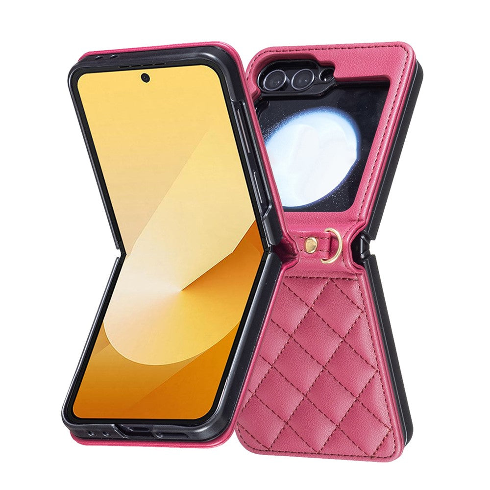 For Samsung Galaxy Z Flip7 FE 5G / Z Flip6 5G / Z Flip5 5G Leather Back Case Rhombus Phone Cover with Shoulder Strap - Rose
