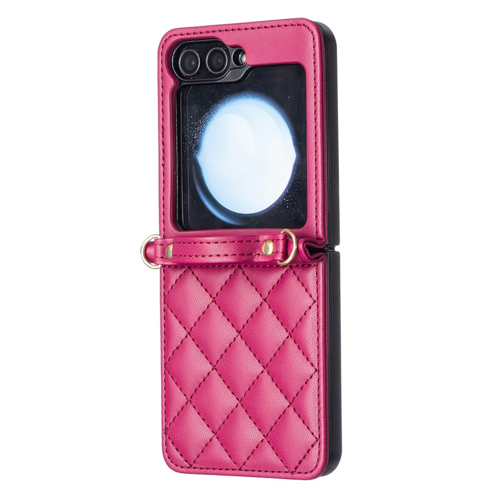 For Samsung Galaxy Z Flip7 FE 5G / Z Flip6 5G / Z Flip5 5G Leather Back Case Rhombus Phone Cover with Shoulder Strap - Rose
