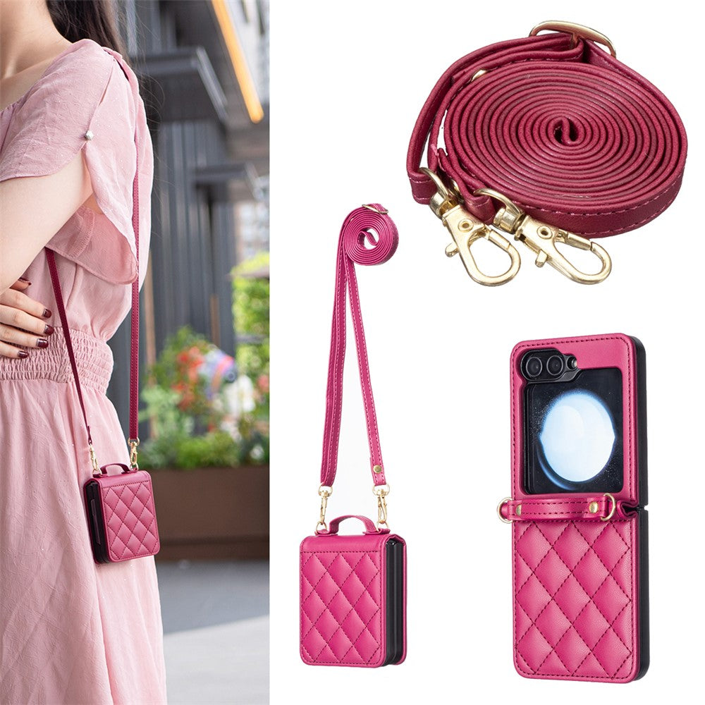 For Samsung Galaxy Z Flip7 FE 5G / Z Flip6 5G / Z Flip5 5G Leather Back Case Rhombus Phone Cover with Shoulder Strap - Rose
